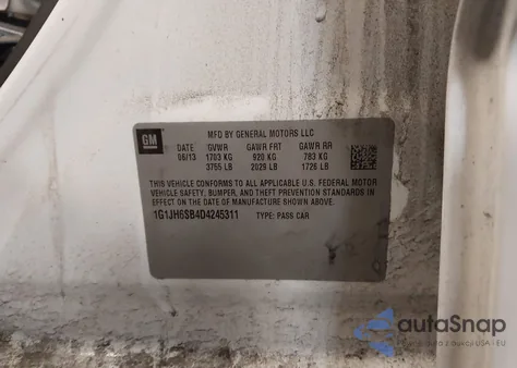 2013 Chevrolet Sonic Rs Manual из США, поврежденный, VIN 1G1JH6SB4D4245311